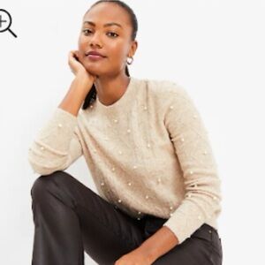 LOFT Women's Beige Sweater with Pearl Details